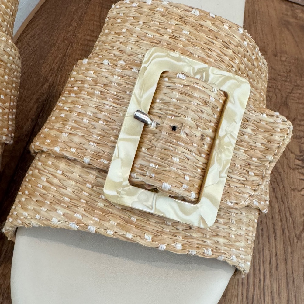 New Pierre Dumas Saint Wedge Sandal Slide Woven Tortoise Buckle Size 10 - Picture 4 of 9